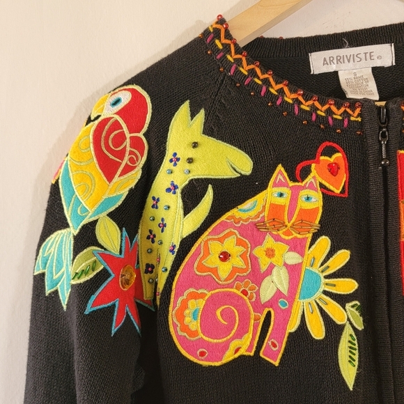 VTG 90's ARRIVISTE 3-D Knit Mix Media Full-Zip Sweater S Floral Birds Horse Cat - Picture 5 of 12